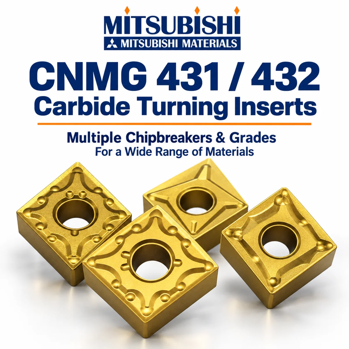 Mitsubishi CNMG 431 and 432 carbide turning inserts in factory packaging